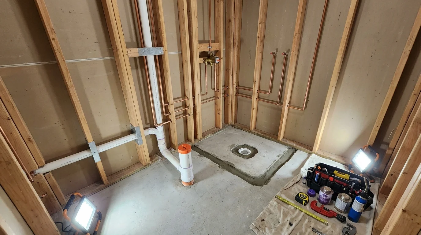 Bathroom rough-in plumbing during remodel by Johns Plumbing LLC in Flora