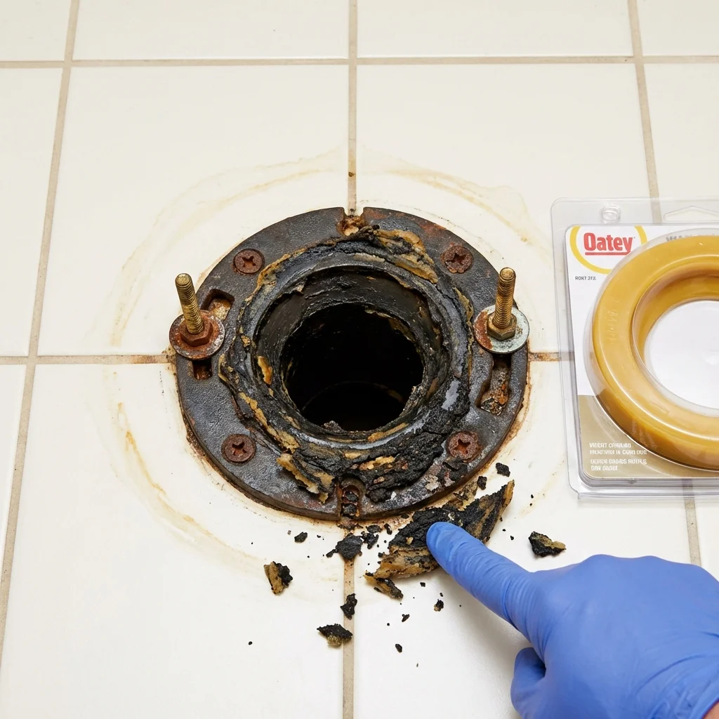 Failed wax ring showing water seepage at the base of a toilet in a Flora, MS home