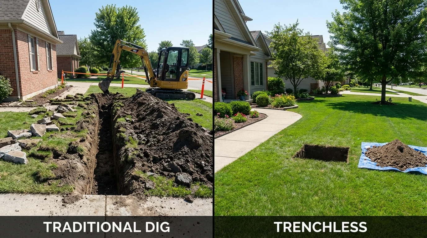 Trenchless sewer repair with minimal yard damage versus traditional excavation in Flora, MS