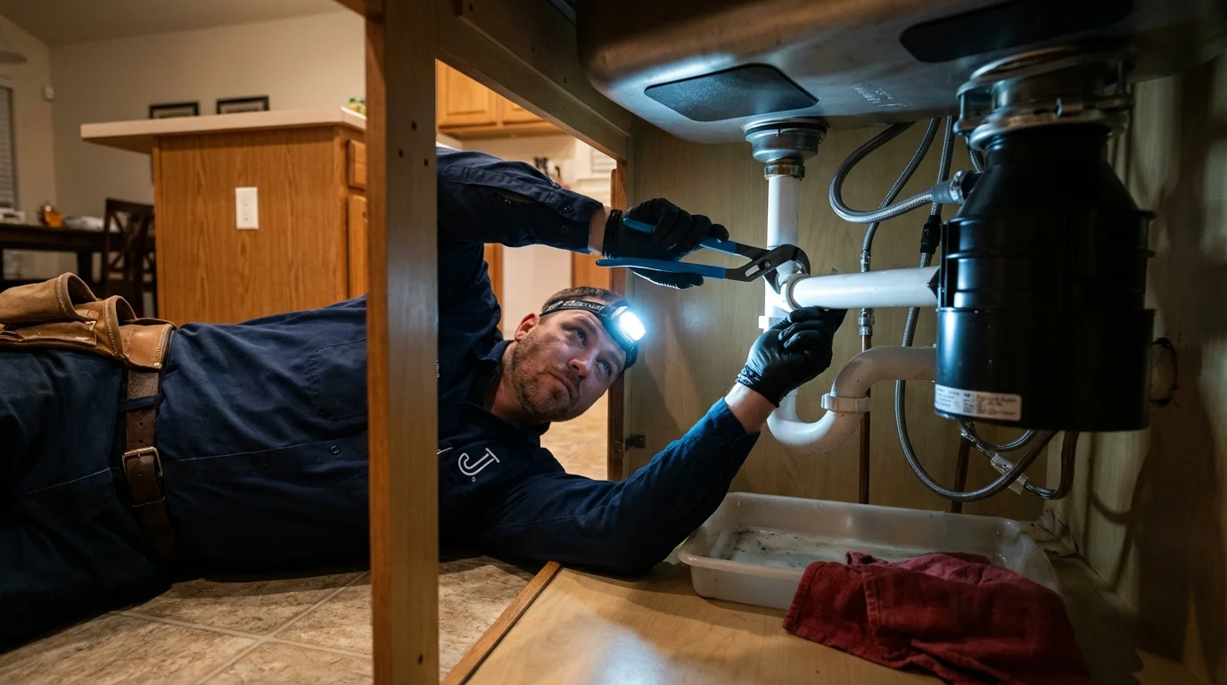 P-trap and supply line connections under a kitchen sink showing a common leak point in Flora, MS